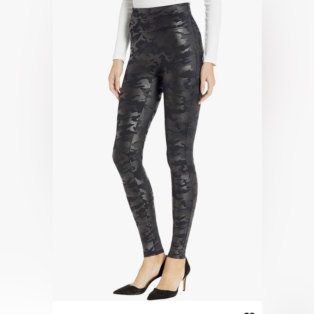 SPANX Faux Leather Black Camo Leggings